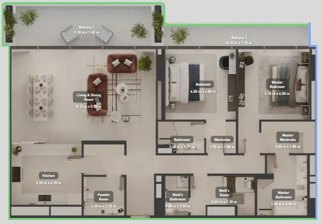 Luluat Marina at Luluat Al Raha 2 bed floor plan, 2,039 sqft