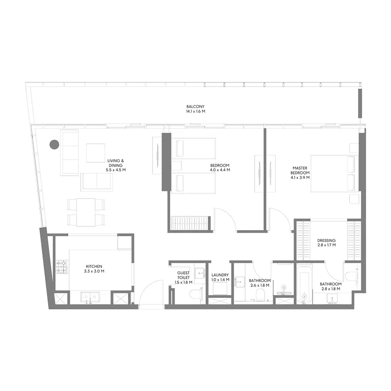 The Gate 5 2 bed floor plan, 1,423 sqft