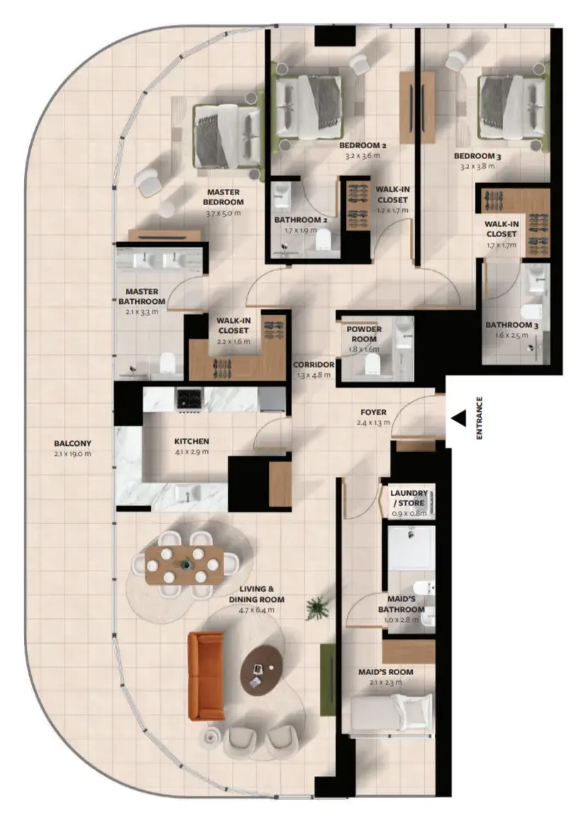 Waada Dubai South 3 bed floor plan, 2,243 sqft