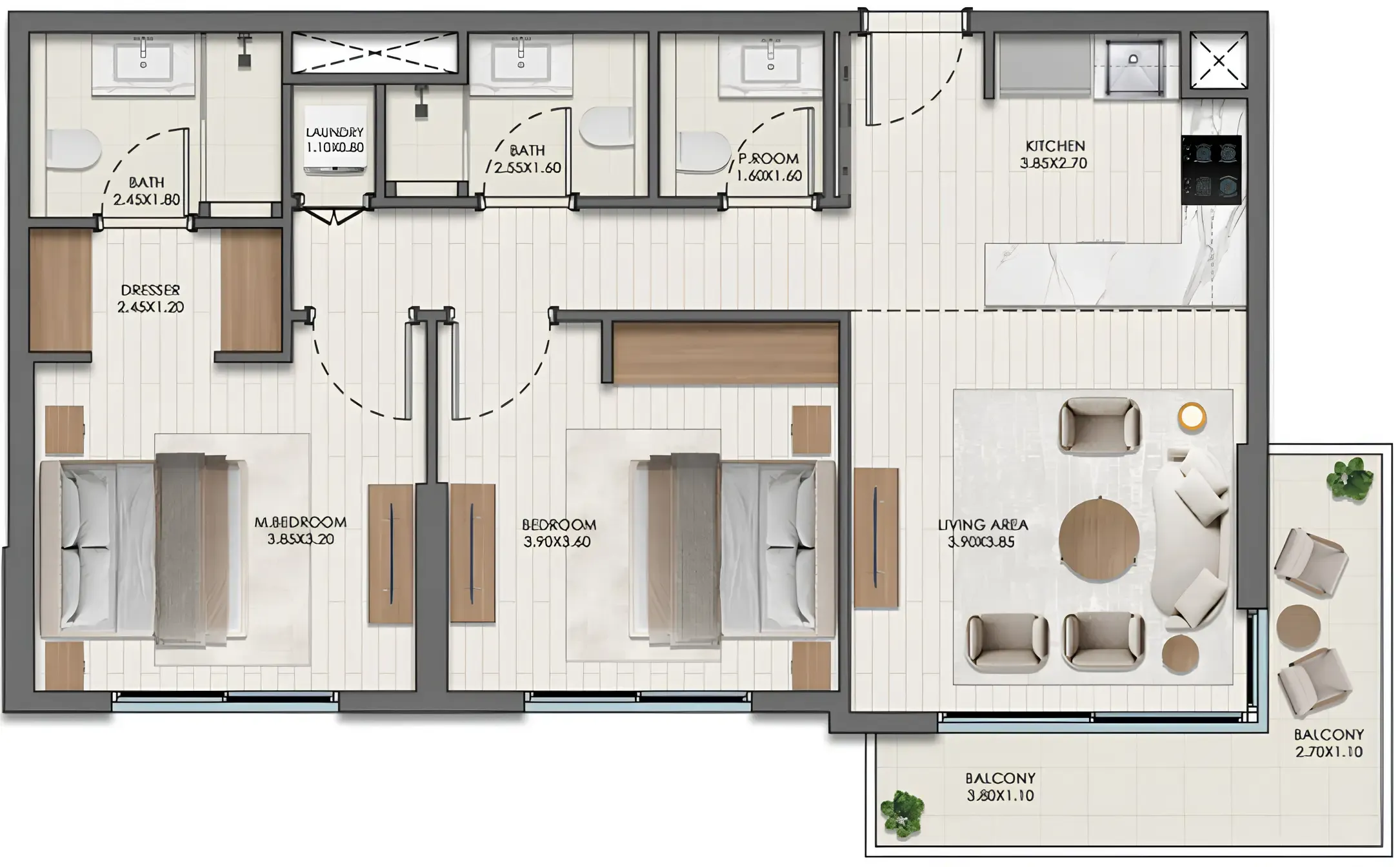 Evelyn on the Park 2 bed floor plan, 967 – 970 sqft