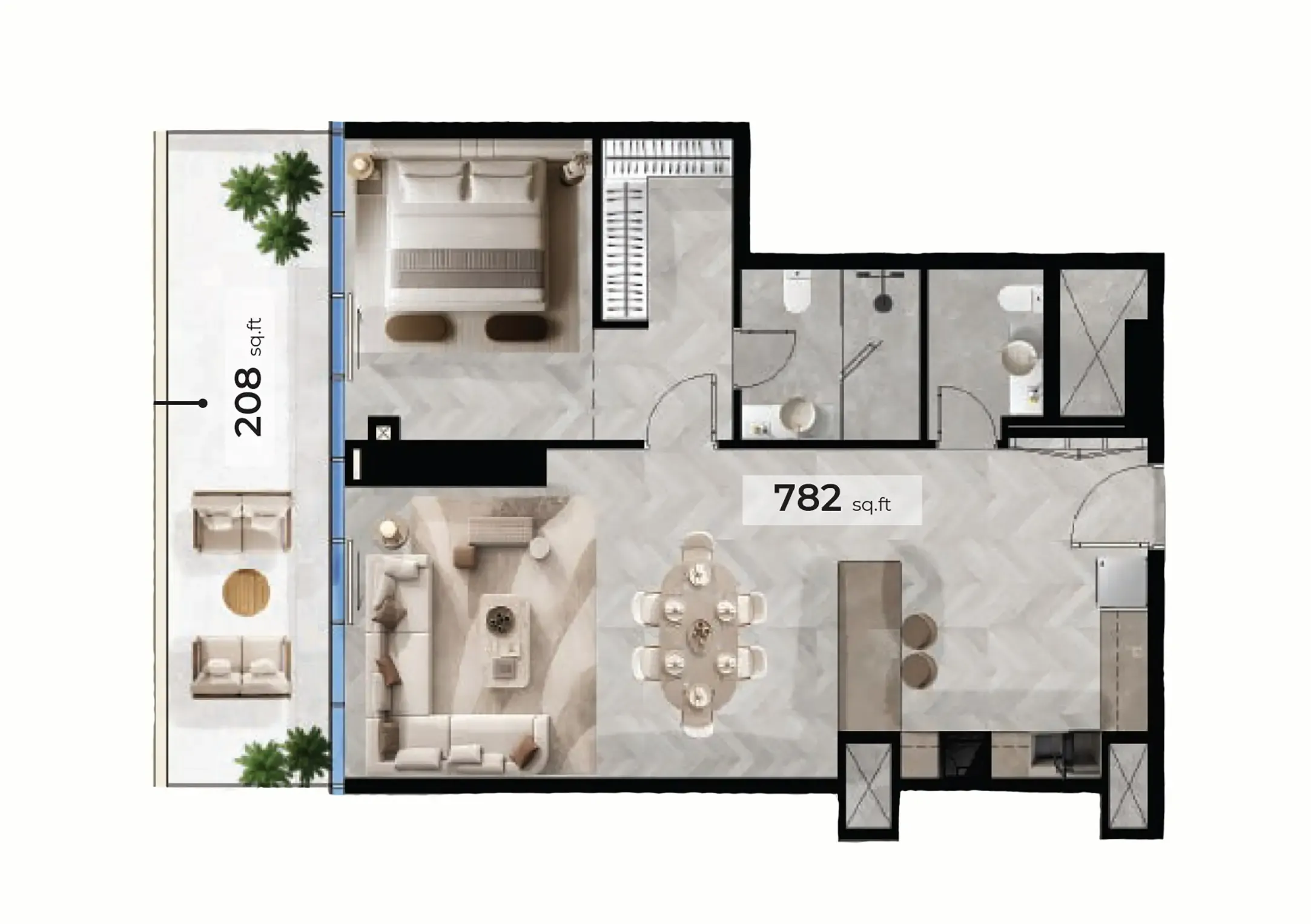 Radiant Terrace 1 bed floor plan, 990 sqft