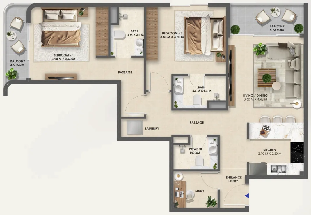 Vivida Residences 2 bed floor plan, 1,039 sqft