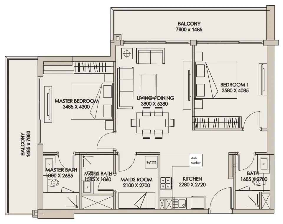 Nirvana Residences 1 2 bed floor plan, 1,229 sqft