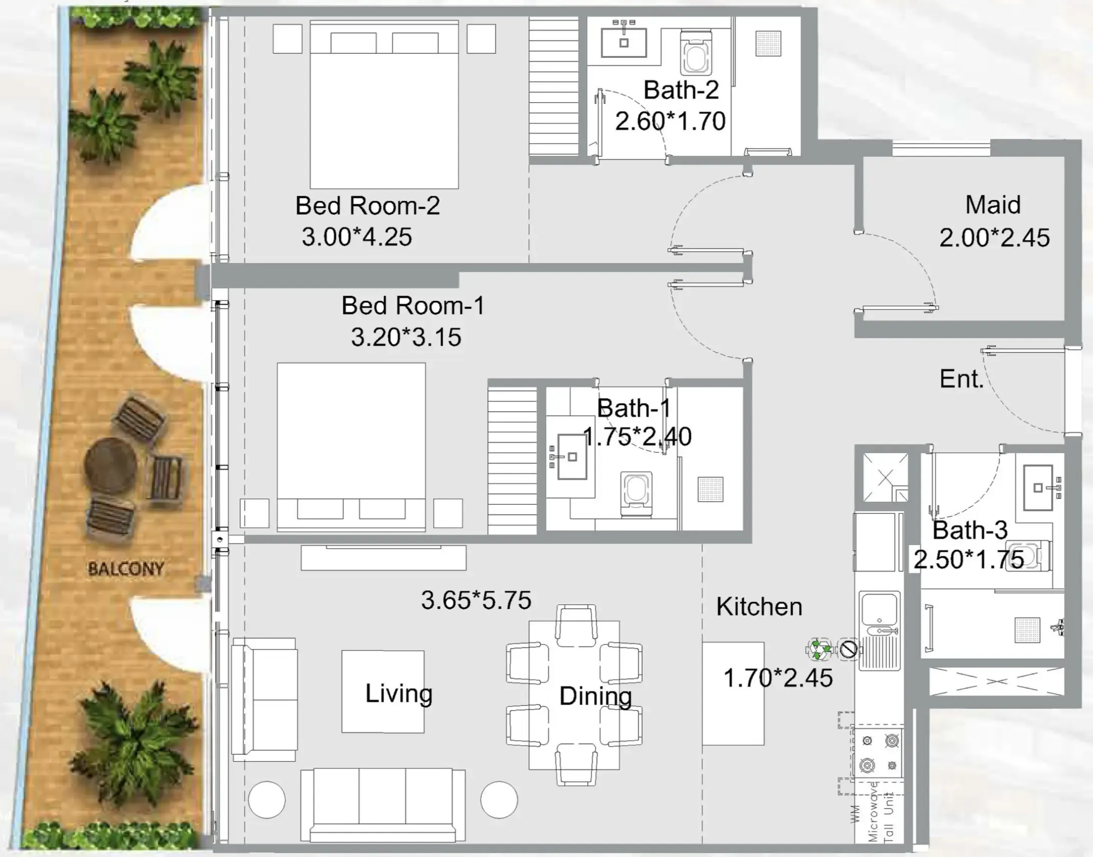 311 Boulevard 2 bed floor plan, 1,270 sqft