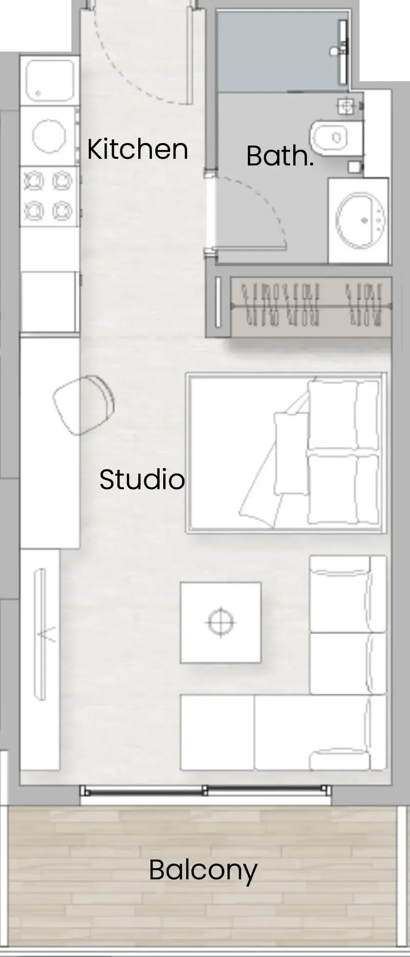 One Beverly Studio floor plan, 390 sqft