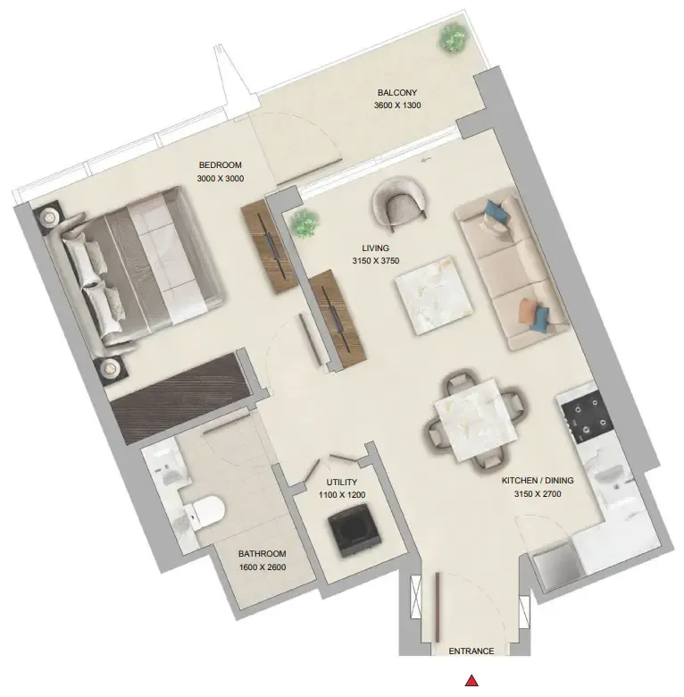 The Pinnacle at Sobha Central 1 bed floor plan, 565 sqft