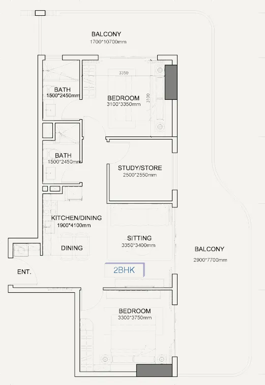Listone Residence 2 bed floor plan, 1,181 sqft