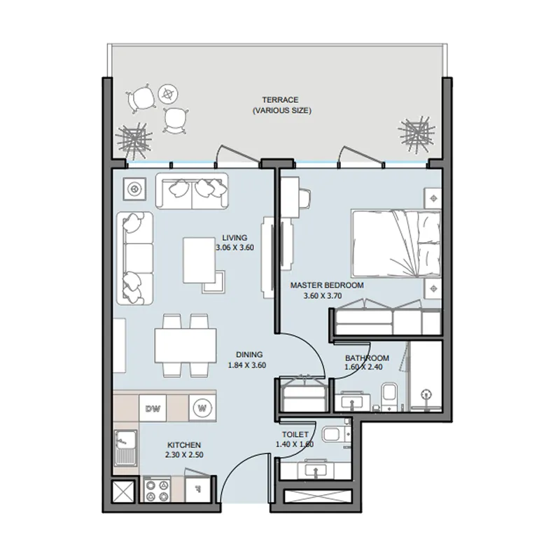 The District 1 bed floor plan, 710 sqft