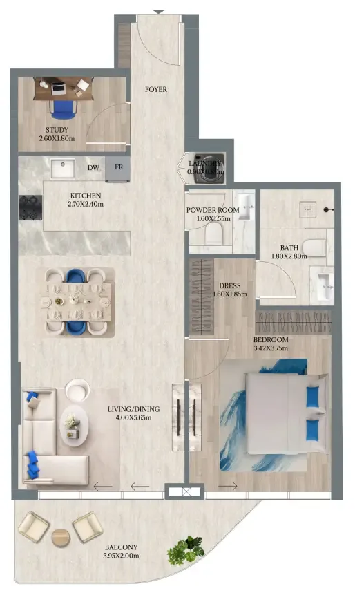 Maravea Residences 1 bed floor plan, 897 sqft