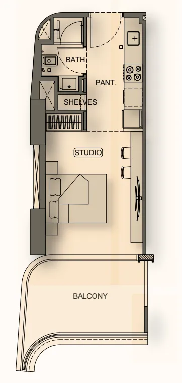 Binghatti Hillside Studio floor plan, 416 sqft