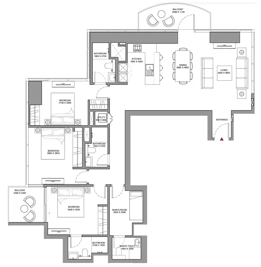 Skyscape 3 bed floor plan, 1,712 – 1,713 sqft