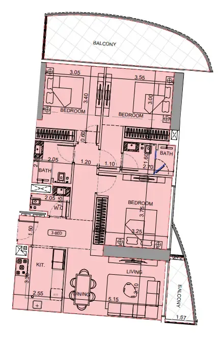 Maybach 6 3 bed floor plan, 1,333 sqft