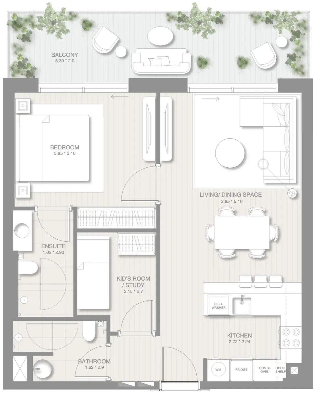 Sol Levante 1 bed floor plan, 883 sqft