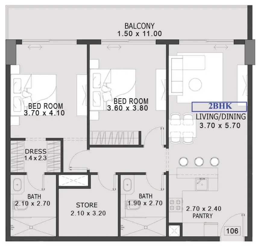 One By Preston 2 bed floor plan, 1,229 sqft