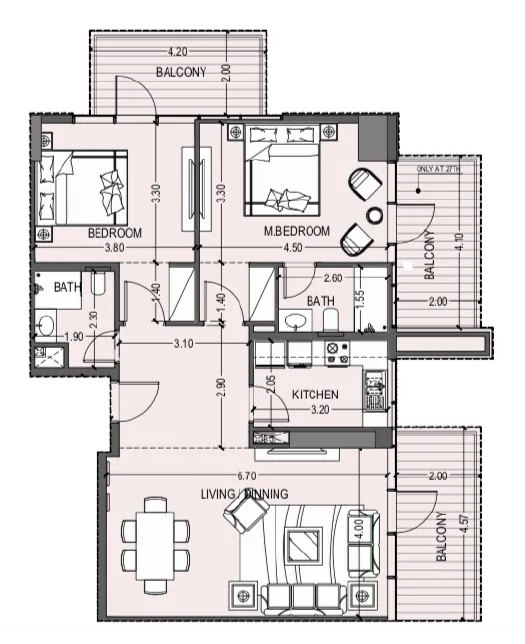 Violet Tower 2 bed floor plan, 1,238 sqft