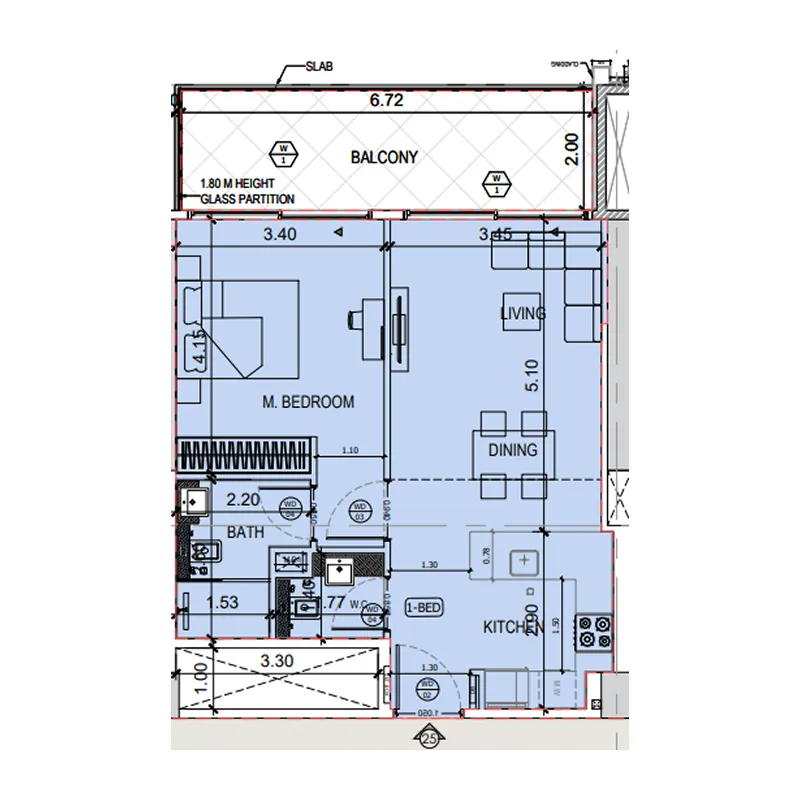 Binghatti Amberhall 1 bed floor plan, 760 sqft