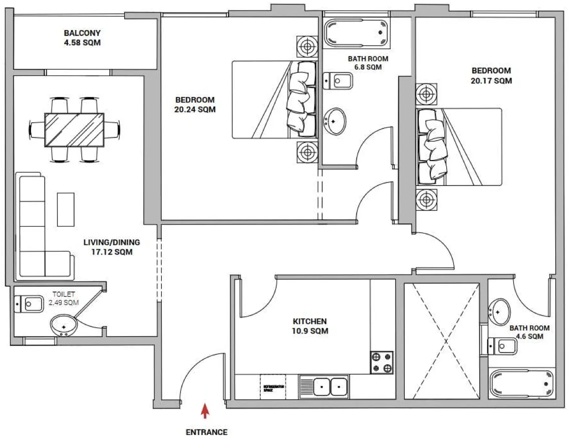 Nuaimia Two Tower 2 bed floor plan, 1,651 sqft