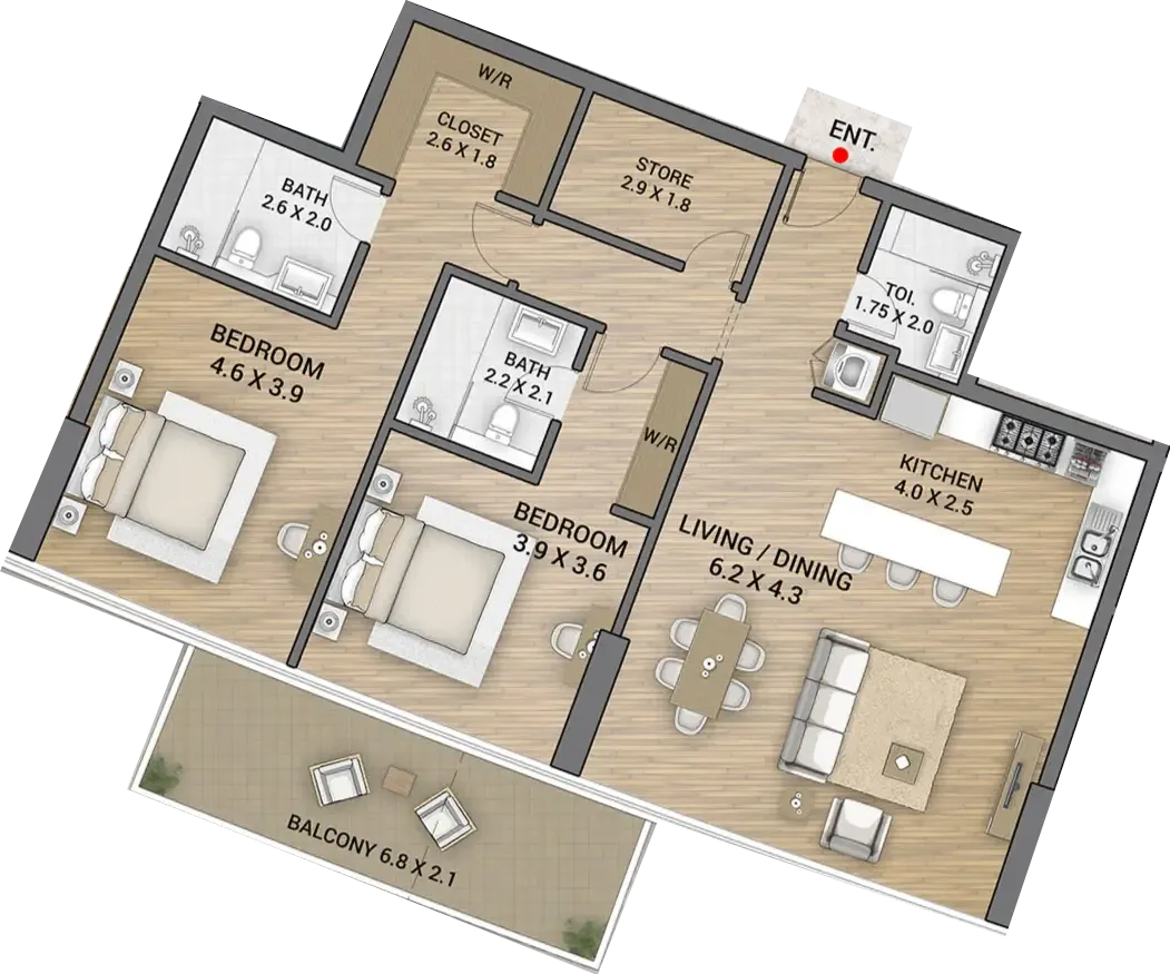 Ocean Tower 2 bed floor plan, 1,446 sqft