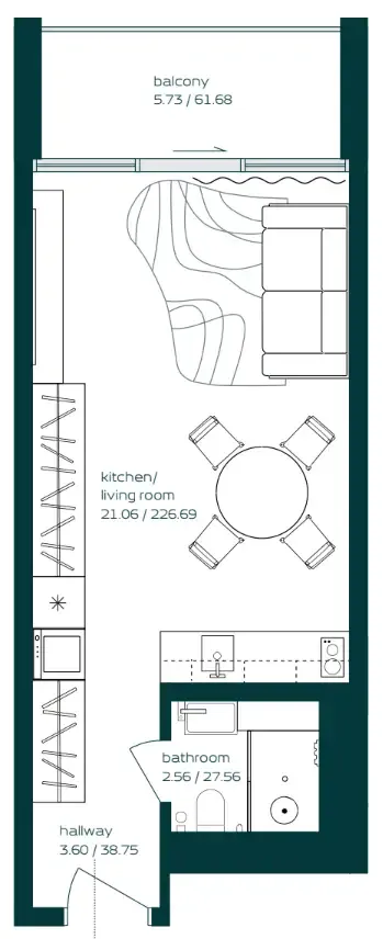 Vibe 1 bed floor plan, 747 sqft