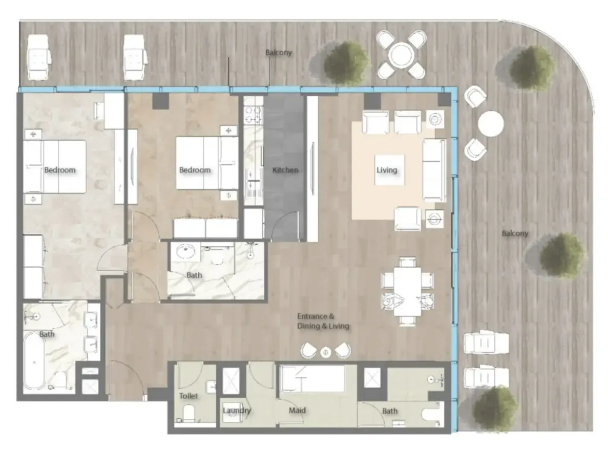 Yas Beach Residence 2 bed floor plan, 2,096 sqft