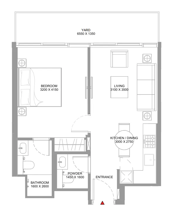 Pierside Marina Residences 1 bed floor plan, 628 – 629 sqft