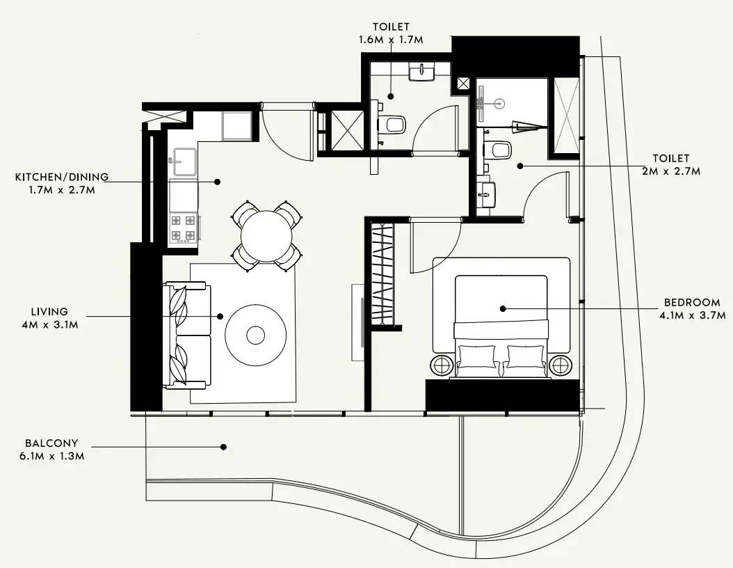 Azizi Milan 1 bed floor plan, 714 sqft