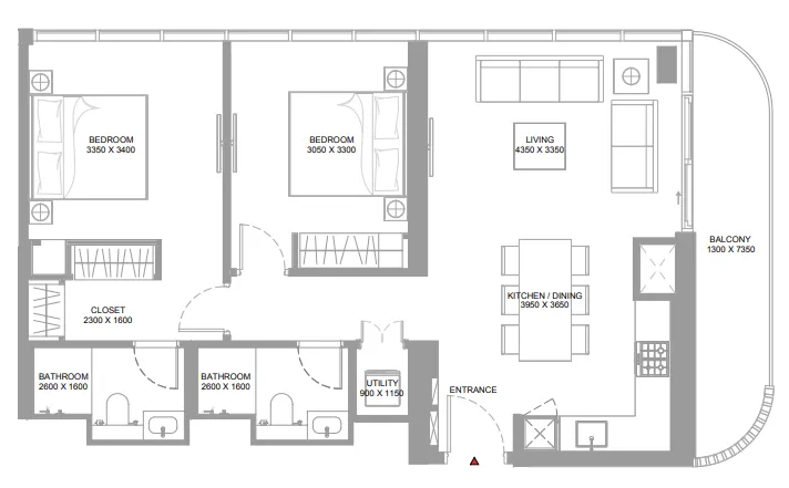Canalside Marina Residences 2 bed floor plan, 986 – 989 sqft
