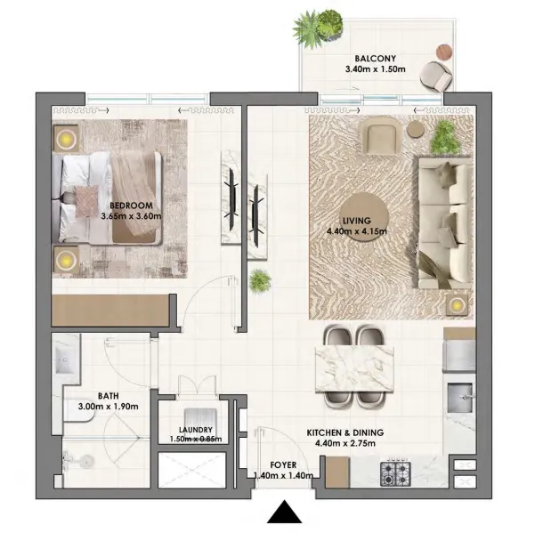 Parkwood Emaar 1 bed floor plan, 730 sqft