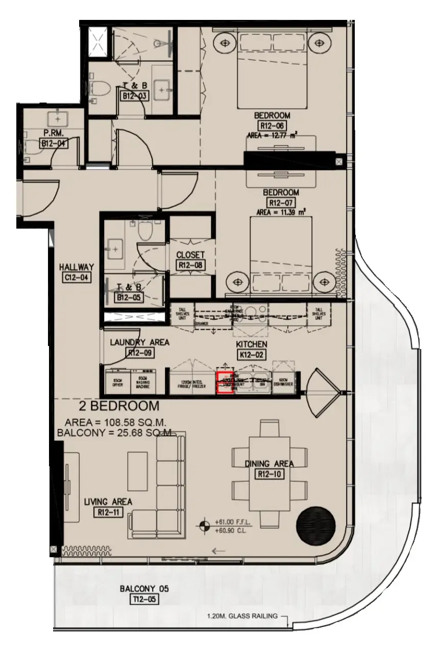Azha Millennium Residences 2 bed floor plan, 1,445 sqft