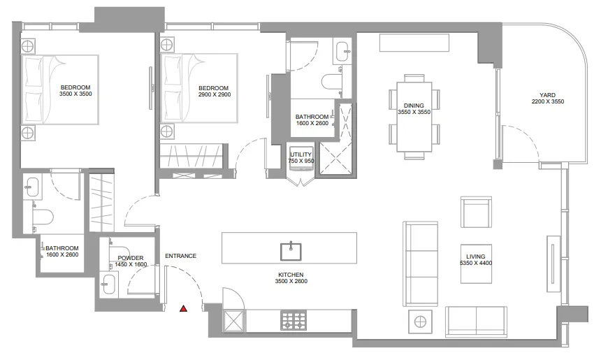 Pristine Beach Residences 2 bed floor plan, 1,194 sqft