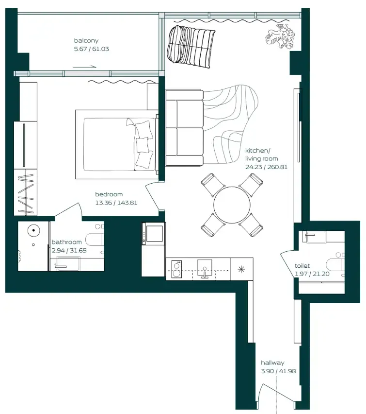 Vibe 1 bed floor plan, 644 sqft