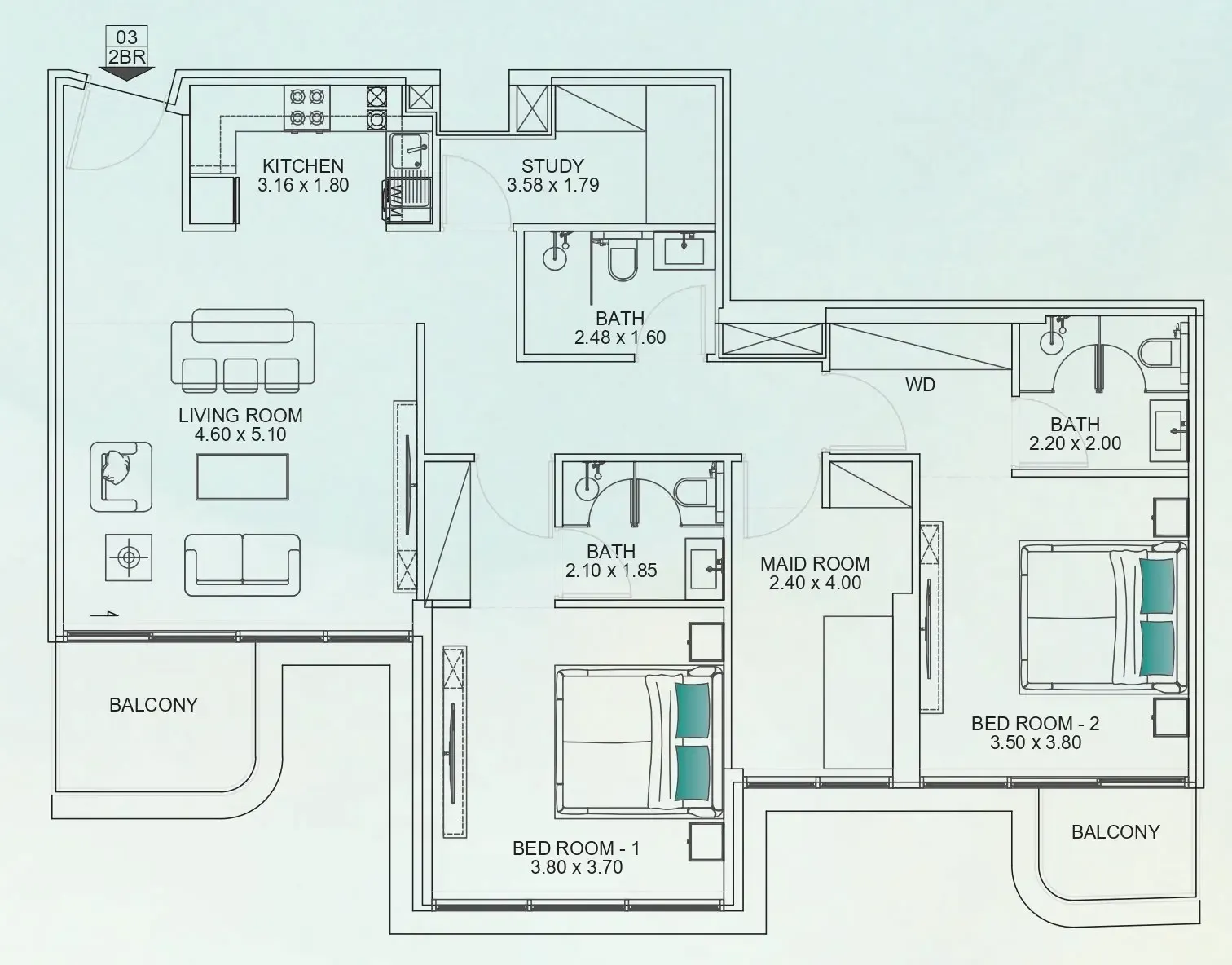 Floarea Breeze 2 bed floor plan, 1,316 sqft