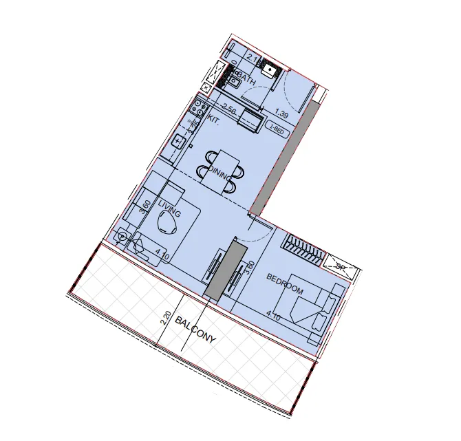 Binghatti Aquarise 1 bed floor plan, 789 sqft