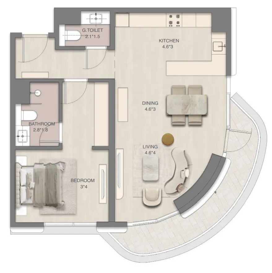 Mirasol Mina 1 bed floor plan, 881 sqft