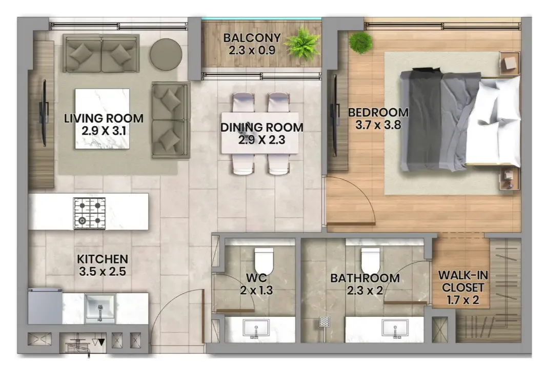 Elemental 22 1 bed floor plan, 638 sqft