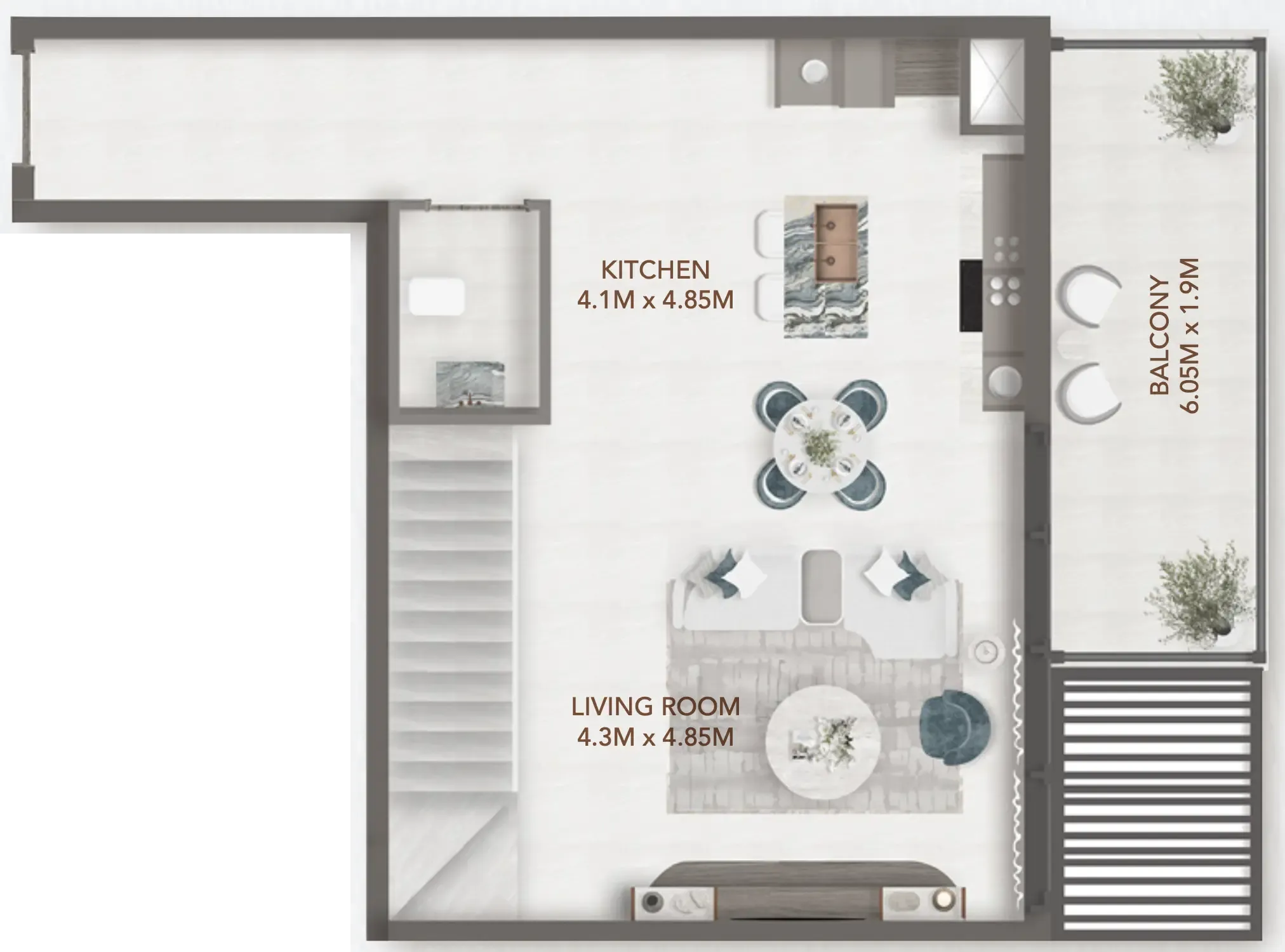 241 Waterside 1 bed floor plan, 1,283 sqft