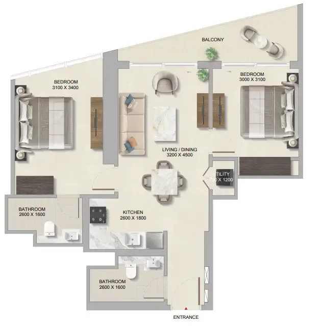 The Tranquil at Sobha Central 2 bed floor plan, 853 sqft