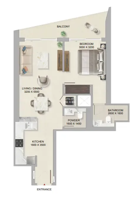 The Tranquil at Sobha Central 1 bed floor plan, 743 sqft