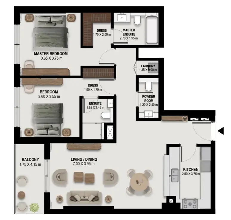 Boulevard Park at Wasl Gate 2 bed floor plan, 1,292 sqft