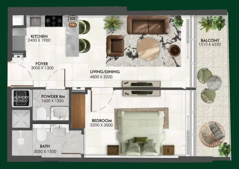 Enchante 1 bed floor plan, 658 sqft