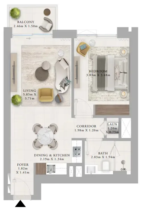 Creek Haven 1 bed floor plan, 730 sqft