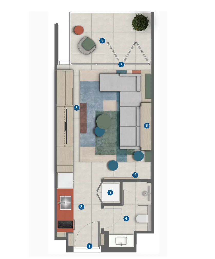 Rove Home Marasi Drive Studio floor plan, 401 – 416 sqft