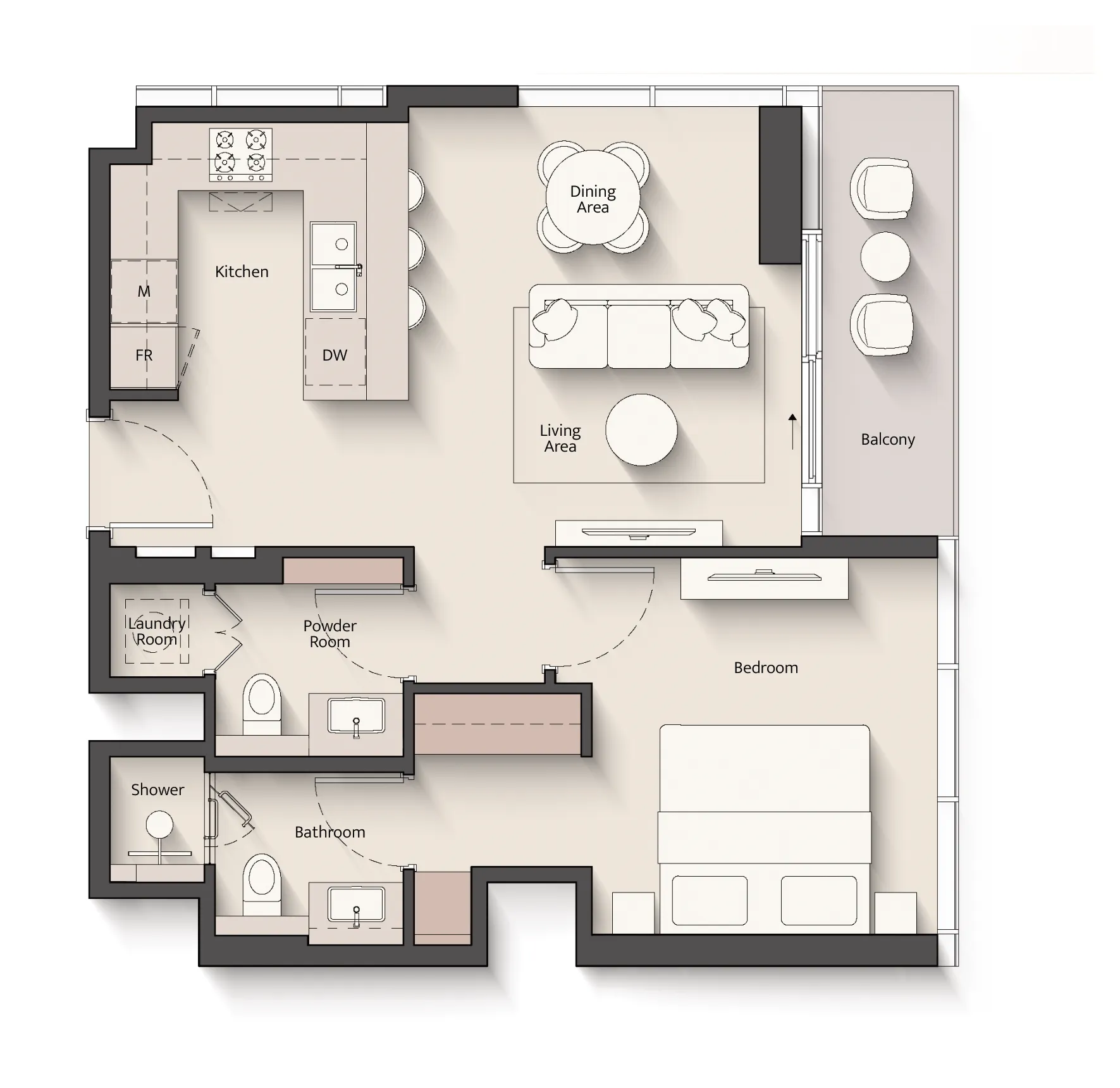 Everly Place 1 bed floor plan, 694 sqft