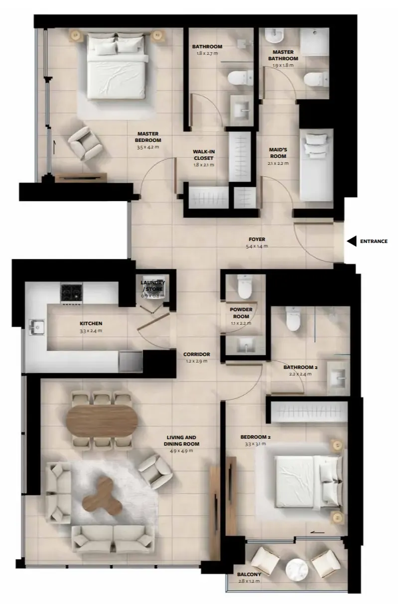 Waada Dubai South 2 bed floor plan, 1,281 sqft