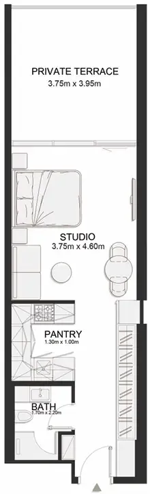 Ashley Hills Studio floor plan, 594 sqft