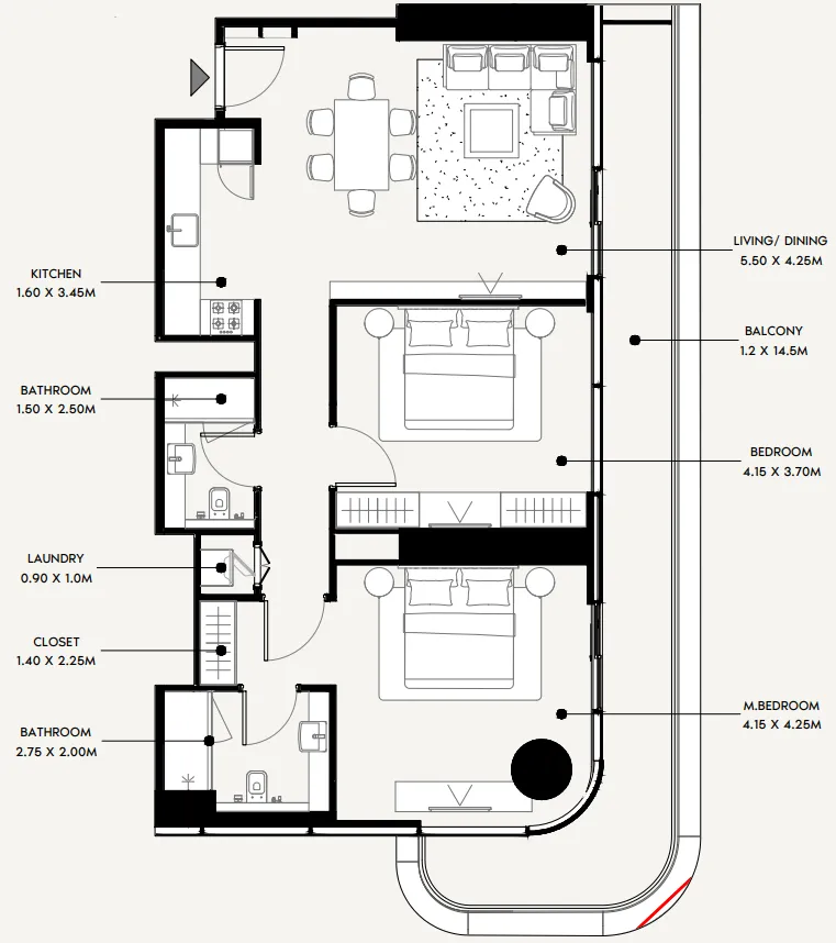 Azizi Milan 2 bed floor plan, 1,240 sqft