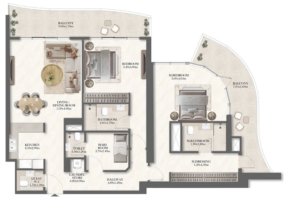 Radisson Residences Towers 1 & 2 2 bed floor plan, 1,322 sqft