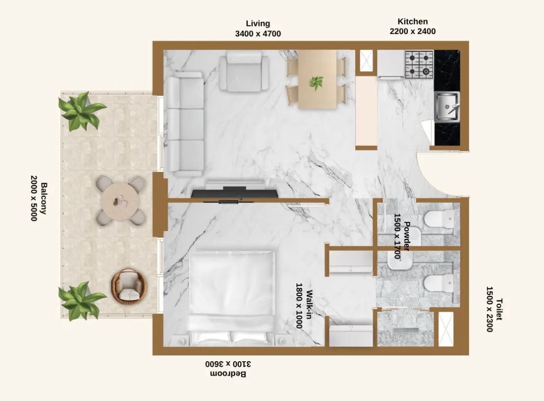 RR Residence 1 bed floor plan, 652 sqft