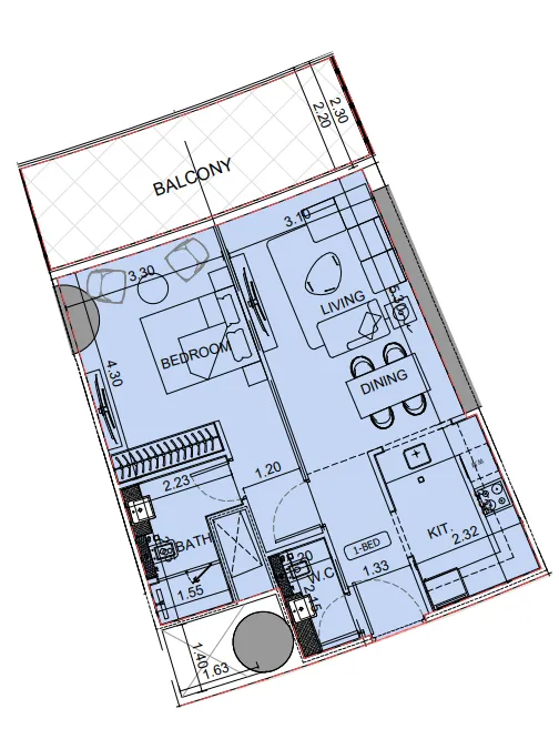 Binghatti Aquarise 1 bed floor plan, 813 sqft