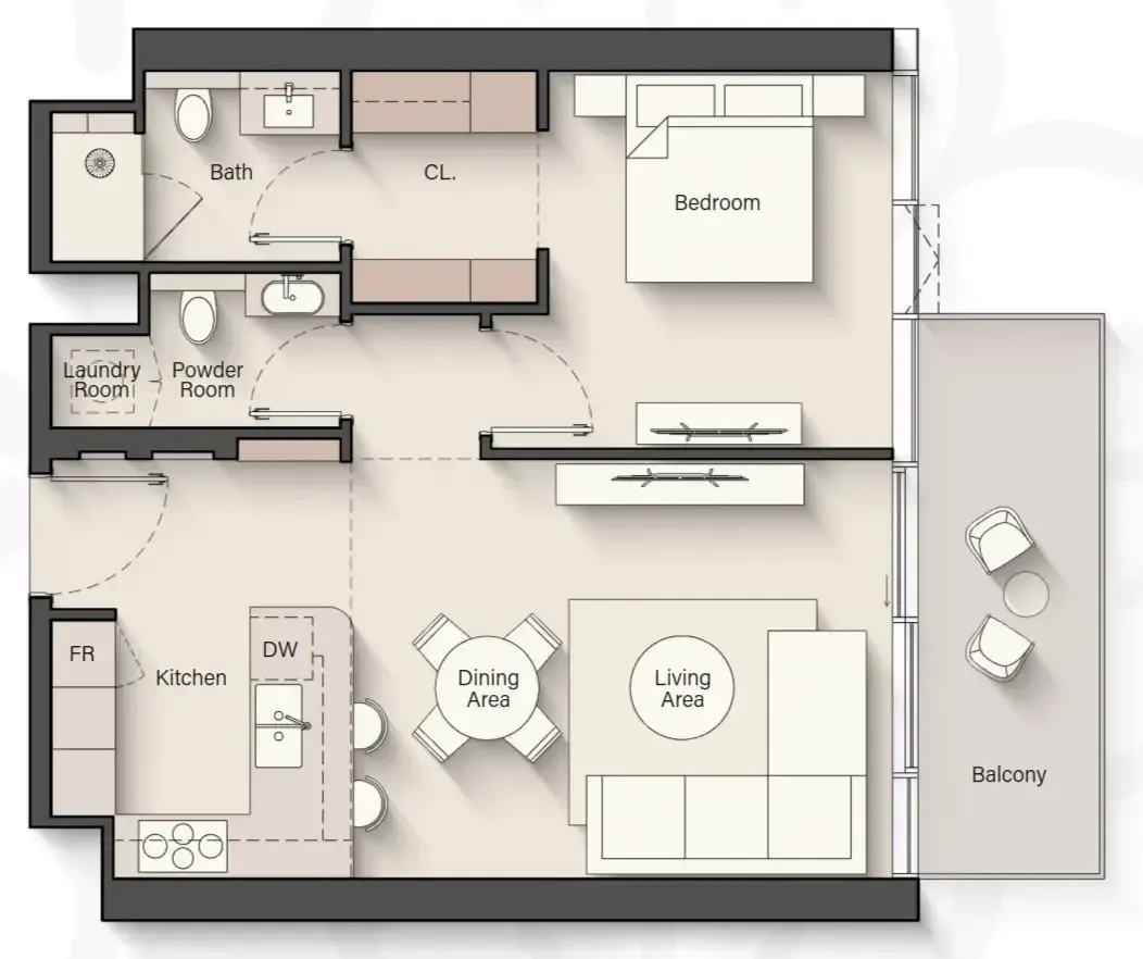 The Meriva Collection 1 bed floor plan, 839 sqft